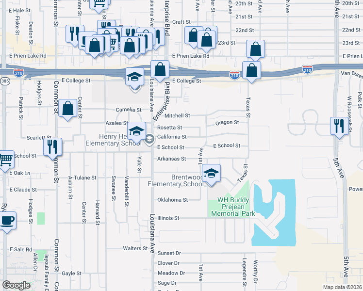map of restaurants, bars, coffee shops, grocery stores, and more near 1301 East School Street in Lake Charles