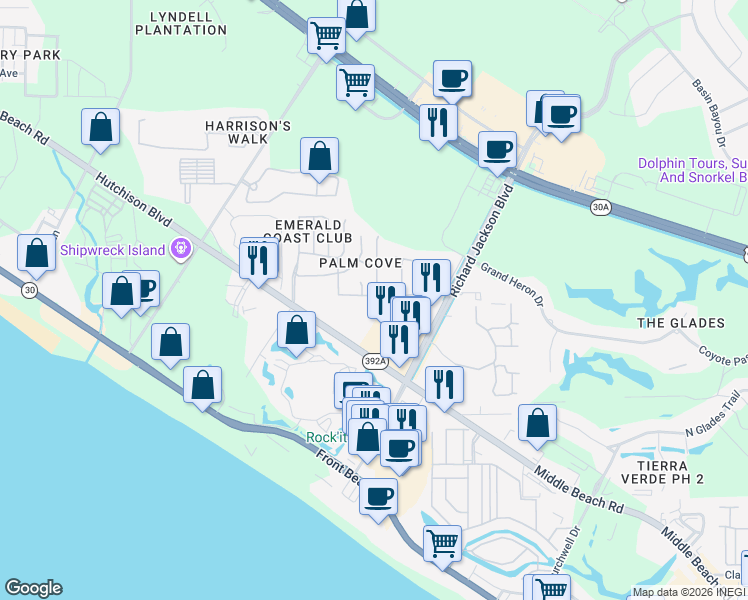 map of restaurants, bars, coffee shops, grocery stores, and more near 109 Seagrass Way in Panama City Beach