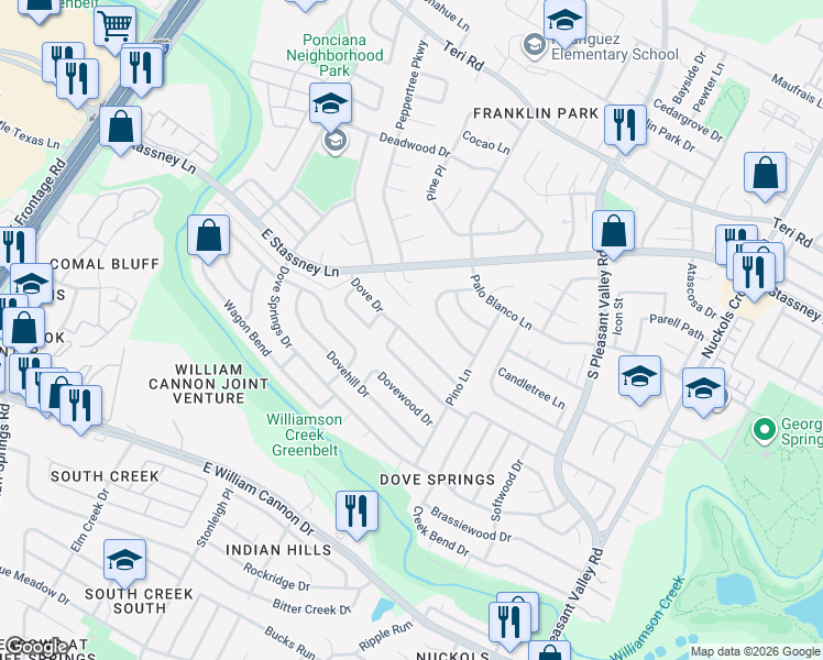 map of restaurants, bars, coffee shops, grocery stores, and more near 2504 Kumquat Court in Austin