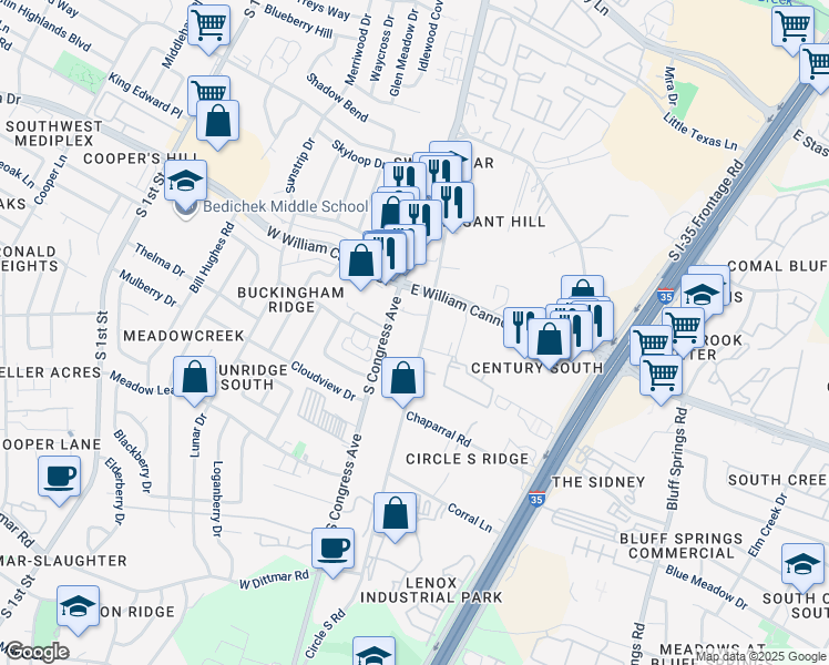 map of restaurants, bars, coffee shops, grocery stores, and more near 6733 South Congress Avenue in Austin