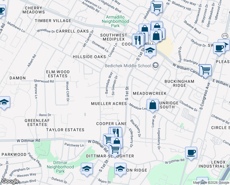 map of restaurants, bars, coffee shops, grocery stores, and more near 7206 Sir Gawain Drive in Austin