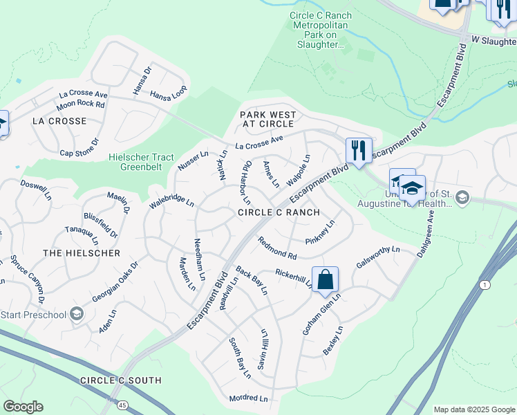 map of restaurants, bars, coffee shops, grocery stores, and more near 6429 Old Harbor Lane in Austin