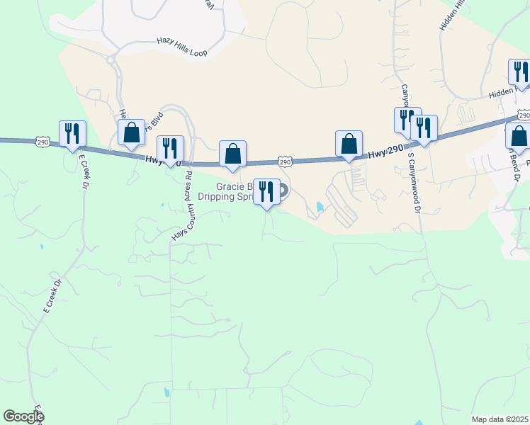 map of restaurants, bars, coffee shops, grocery stores, and more near 251 Frog Pond Lane in Dripping Springs