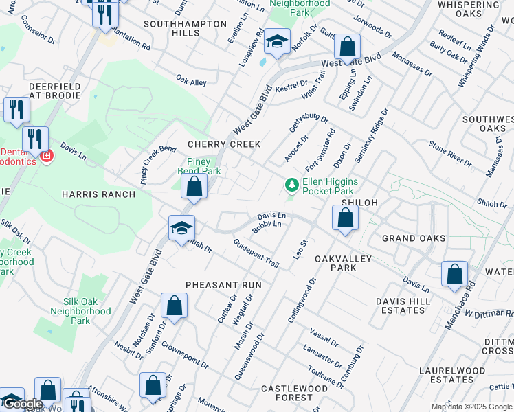 map of restaurants, bars, coffee shops, grocery stores, and more near 2807 Cameron Loop in Austin