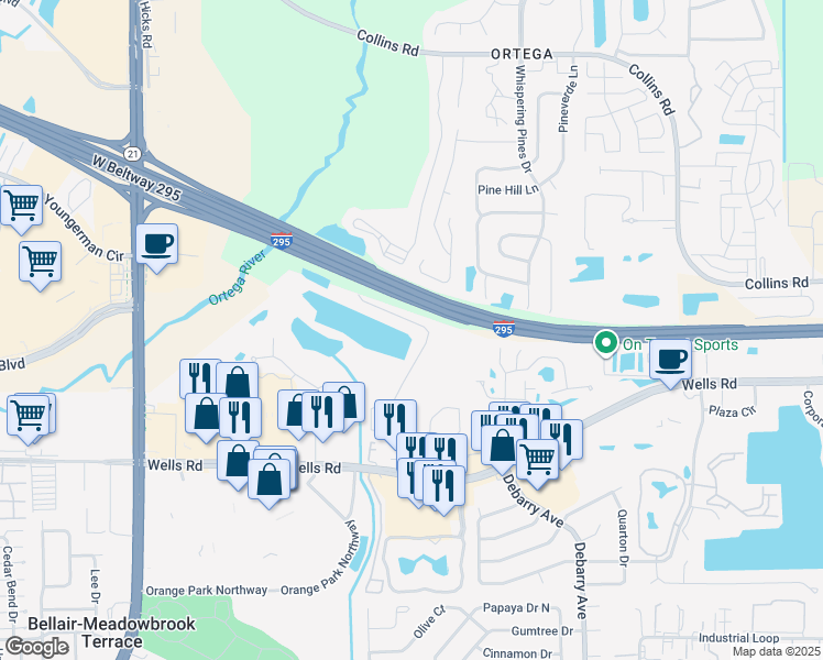 map of restaurants, bars, coffee shops, grocery stores, and more near Highway 9A in Jacksonville