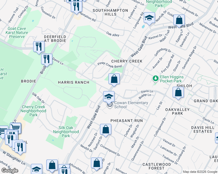 map of restaurants, bars, coffee shops, grocery stores, and more near 8806 West Gate Boulevard in Austin