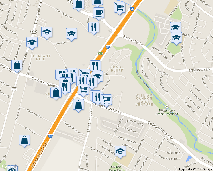 map of restaurants, bars, coffee shops, grocery stores, and more near 6307 Bluff Springs Road in Austin