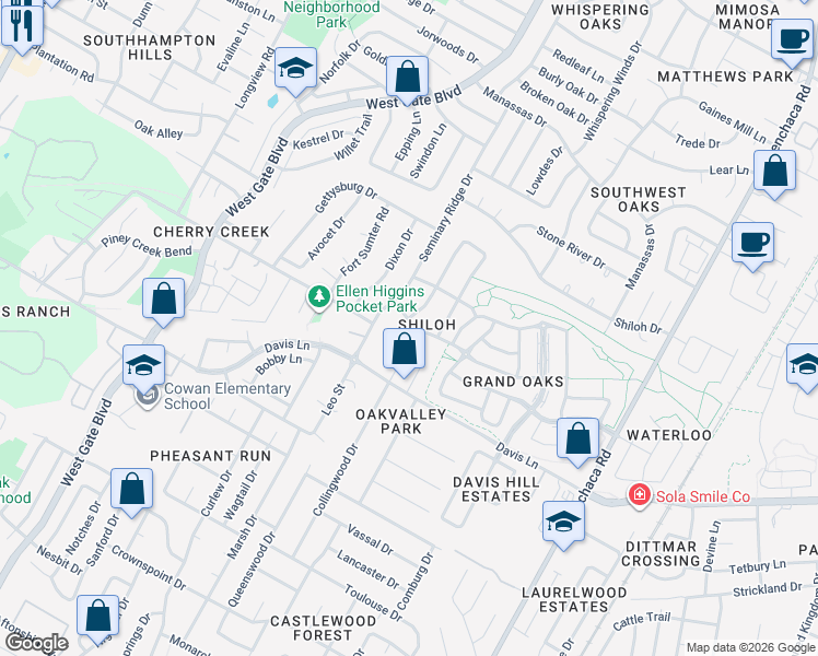 map of restaurants, bars, coffee shops, grocery stores, and more near 8413 Kearsarge Drive in Austin
