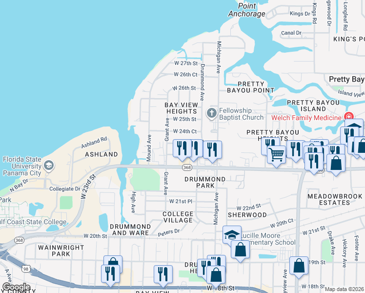 map of restaurants, bars, coffee shops, grocery stores, and more near 4012 West 24th Street in Panama City