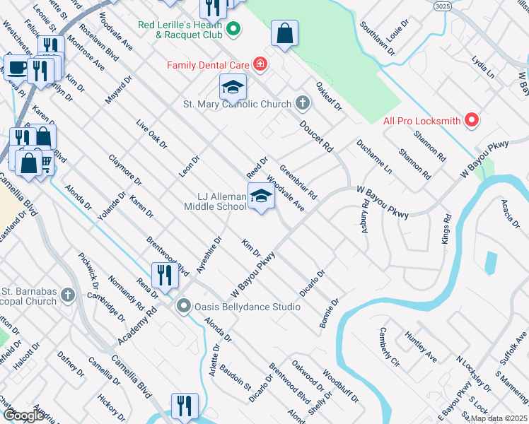 map of restaurants, bars, coffee shops, grocery stores, and more near 600 Roselawn Boulevard in Lafayette