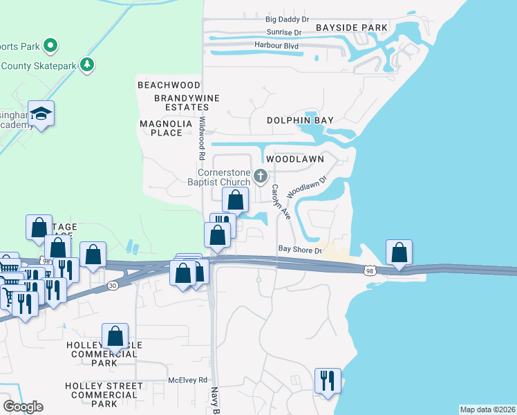 map of restaurants, bars, coffee shops, grocery stores, and more near 304 Cornerstone Place in Panama City Beach