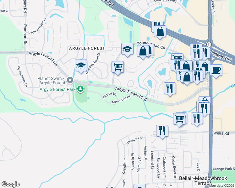 map of restaurants, bars, coffee shops, grocery stores, and more near 8708 Apple Court in Jacksonville