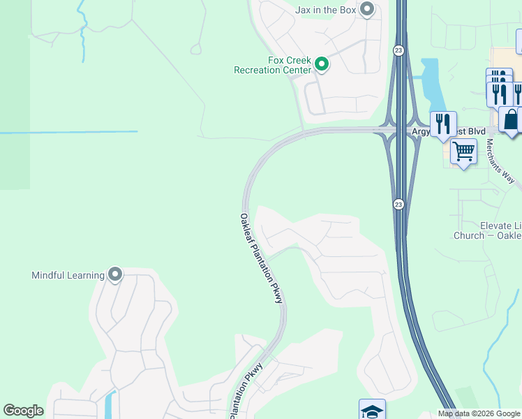 map of restaurants, bars, coffee shops, grocery stores, and more near 573 Oakleaf Plantation Parkway in Orange Park