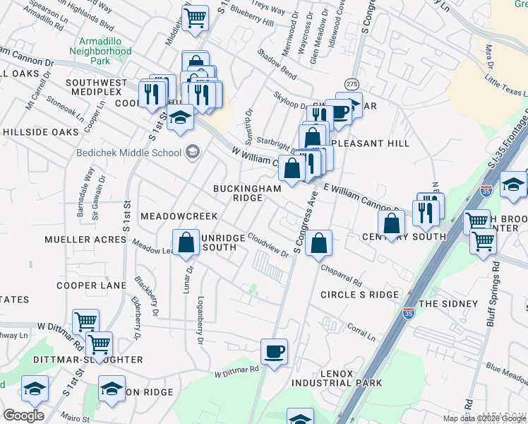 map of restaurants, bars, coffee shops, grocery stores, and more near 6801 Moonmont Drive in Austin