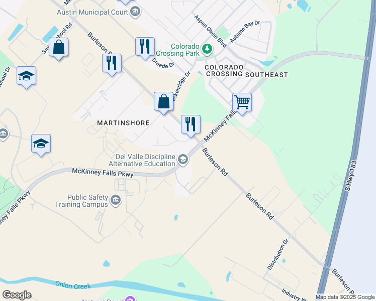 map of restaurants, bars, coffee shops, grocery stores, and more near 4206 McKinney Falls Parkway in Austin