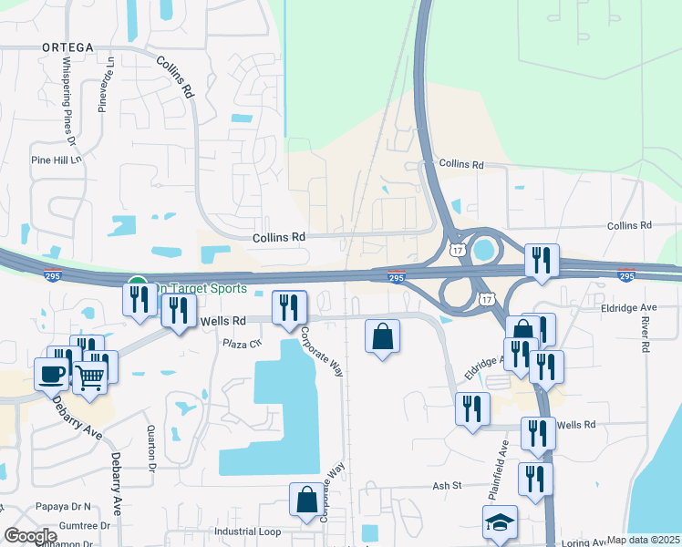 map of restaurants, bars, coffee shops, grocery stores, and more near West Beltway 295 in Jacksonville
