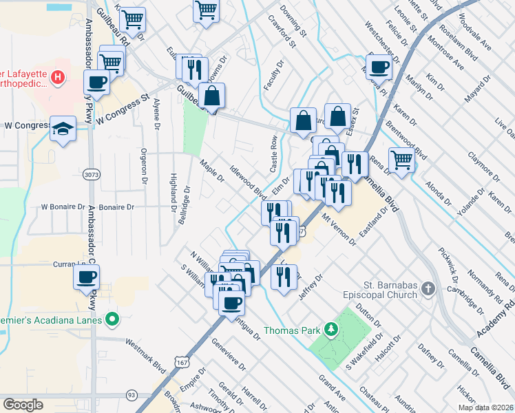 map of restaurants, bars, coffee shops, grocery stores, and more near 112 Maple Drive in Lafayette