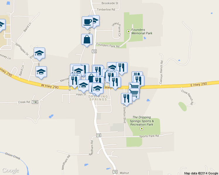 map of restaurants, bars, coffee shops, grocery stores, and more near 260 East Highway 290 in Dripping Springs