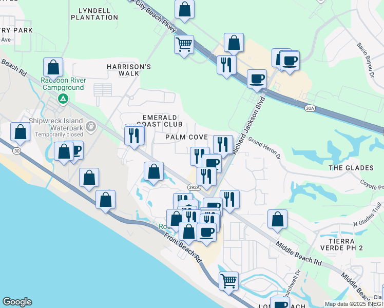 map of restaurants, bars, coffee shops, grocery stores, and more near 11631 Sand Castle Lane in Panama City Beach