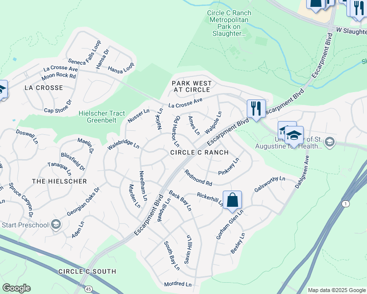 map of restaurants, bars, coffee shops, grocery stores, and more near 6435 Old Harbor Lane in Austin