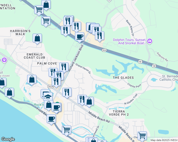 map of restaurants, bars, coffee shops, grocery stores, and more near Grand Heron Drive in Panama City Beach