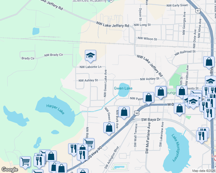 map of restaurants, bars, coffee shops, grocery stores, and more near 564 Northwest Shelby Terrace in Lake City