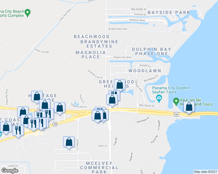 map of restaurants, bars, coffee shops, grocery stores, and more near 352 Greenwood Circle in Panama City
