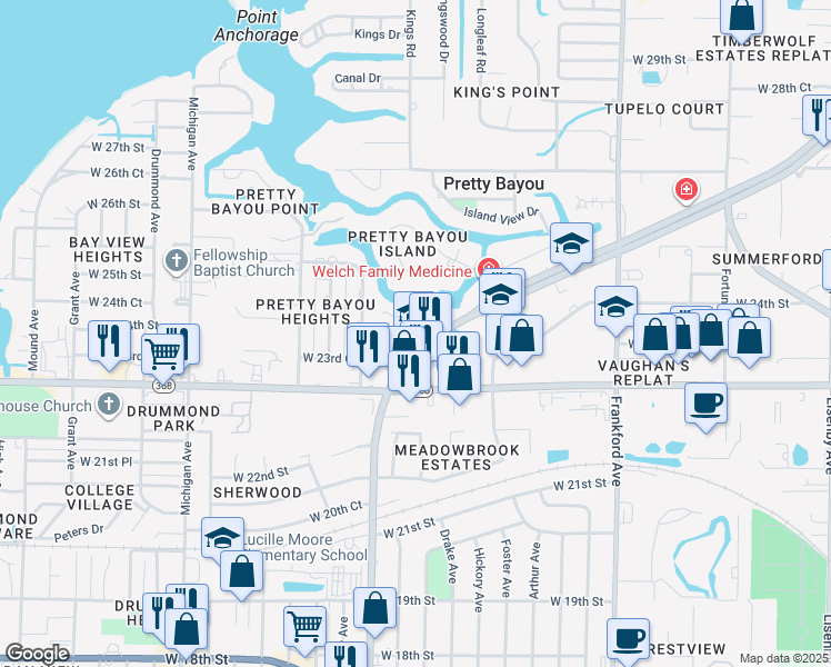 map of restaurants, bars, coffee shops, grocery stores, and more near 2400 Saint Andrews Boulevard in Panama City