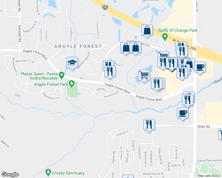 map of restaurants, bars, coffee shops, grocery stores, and more near 8708 Apple Court in Jacksonville