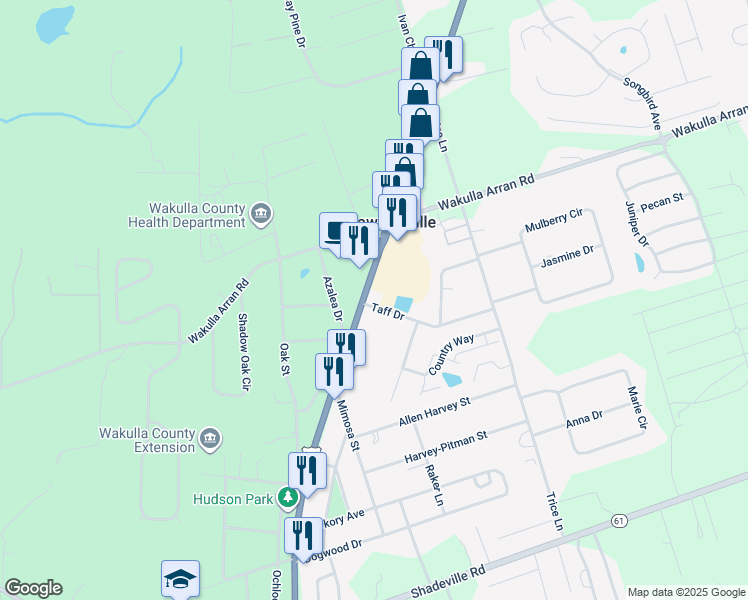 map of restaurants, bars, coffee shops, grocery stores, and more near 2671 Crawfordville Highway in Crawfordville