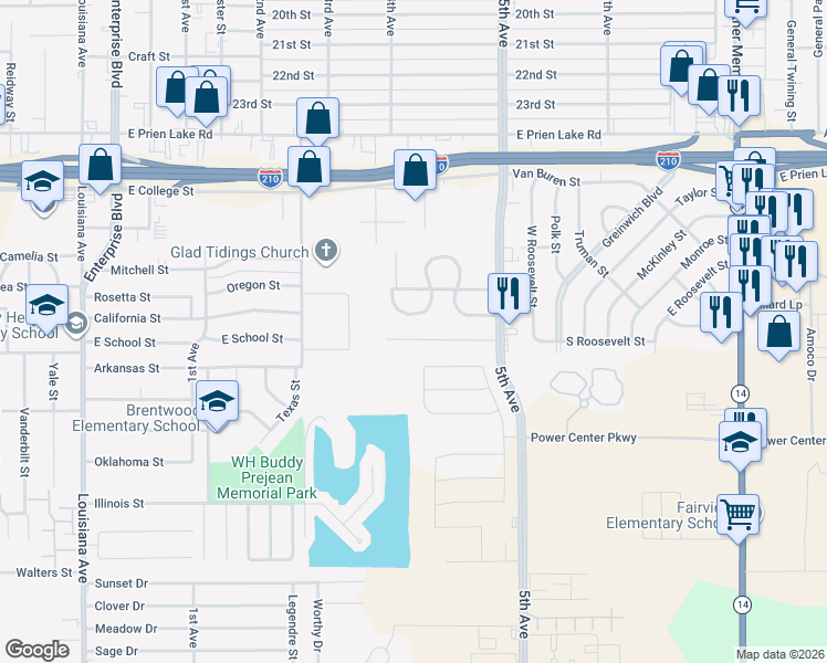 map of restaurants, bars, coffee shops, grocery stores, and more near 2032 Willowick St in Lake Charles