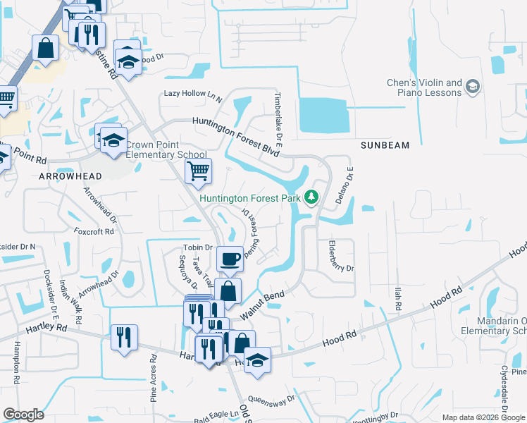 map of restaurants, bars, coffee shops, grocery stores, and more near 4116 Rollingwood Court in Jacksonville