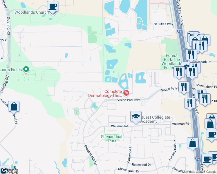 map of restaurants, bars, coffee shops, grocery stores, and more near 148 McGoey Circle in Conroe