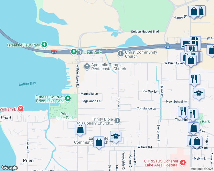 map of restaurants, bars, coffee shops, grocery stores, and more near 2526 Thomas Ln in Lake Charles