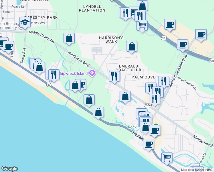 map of restaurants, bars, coffee shops, grocery stores, and more near 600 Grand Panama Boulevard in Panama City Beach