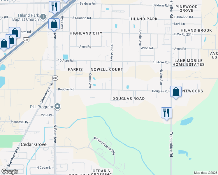 map of restaurants, bars, coffee shops, grocery stores, and more near 3037 Douglas Road in Panama City