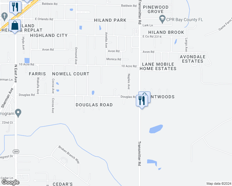 map of restaurants, bars, coffee shops, grocery stores, and more near 2404 Quiet Oaks Drive in Panama City