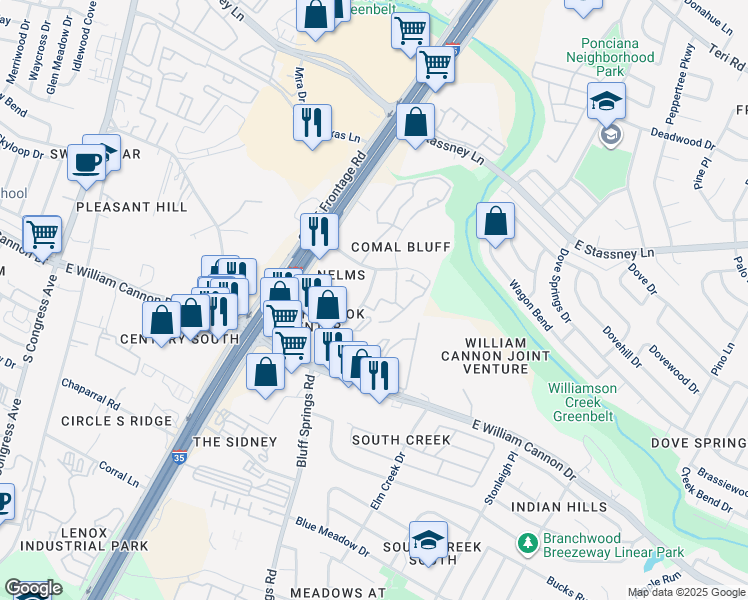 map of restaurants, bars, coffee shops, grocery stores, and more near 6307 Bluff Springs Road in Austin