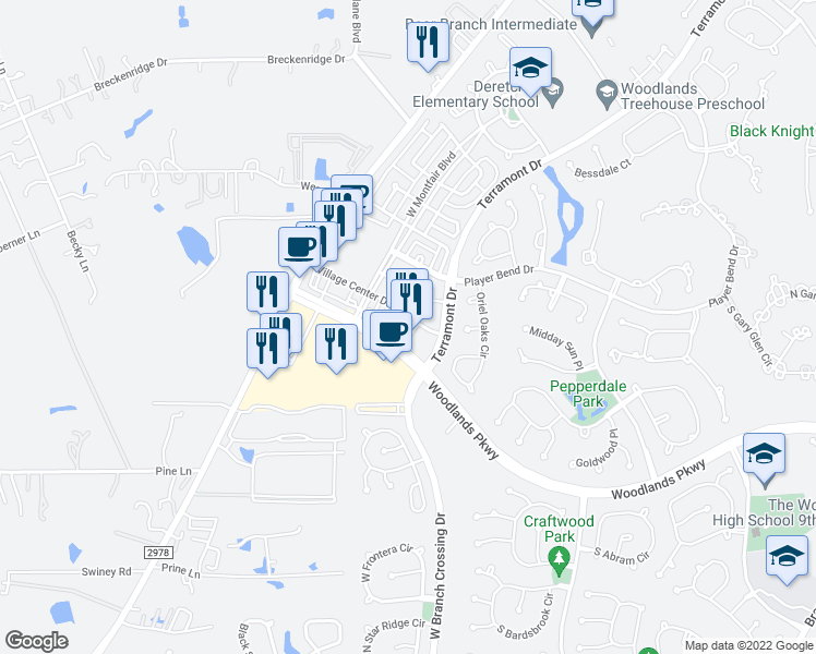 map of restaurants, bars, coffee shops, grocery stores, and more near 9950 Woodlands Parkway in The Woodlands