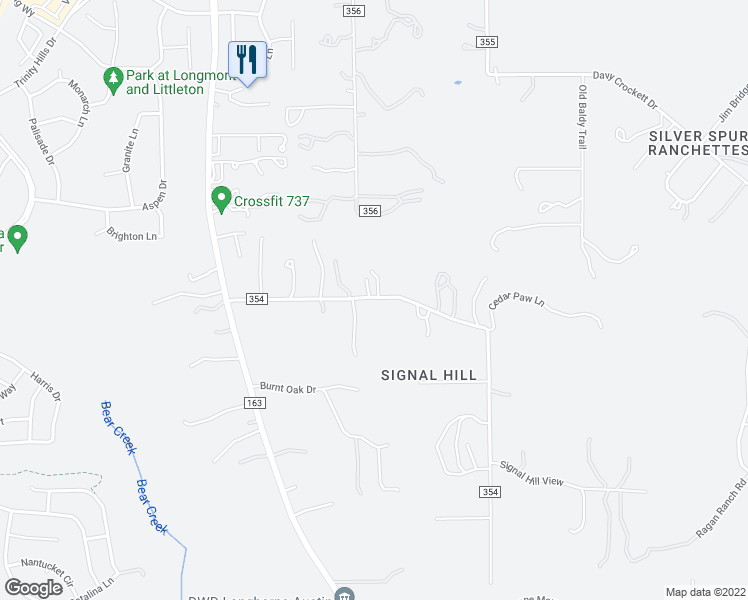 map of restaurants, bars, coffee shops, grocery stores, and more near 10501 Signal Hill Road in Austin