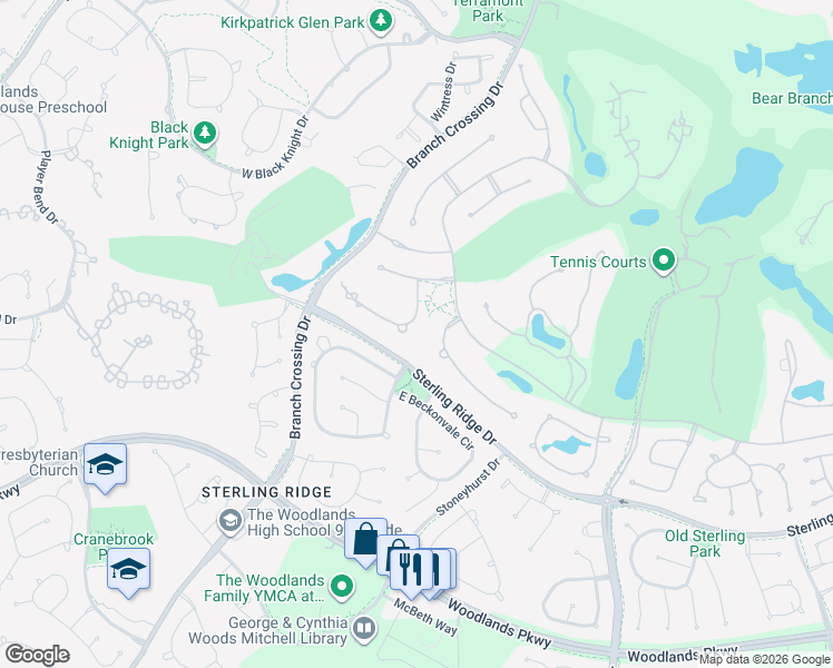 map of restaurants, bars, coffee shops, grocery stores, and more near 11 Hildene Way in Spring