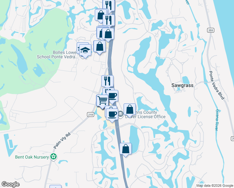 map of restaurants, bars, coffee shops, grocery stores, and more near 127 Willow Pond Lane in Ponte Vedra Beach