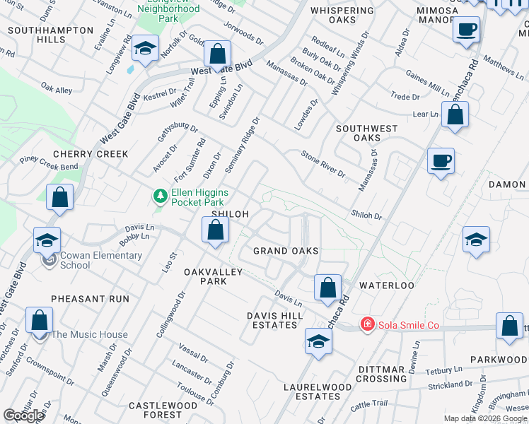 map of restaurants, bars, coffee shops, grocery stores, and more near 2509 Campfield Parkway in Austin