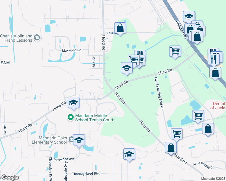 map of restaurants, bars, coffee shops, grocery stores, and more near Hood Road & Shad Road in Jacksonville