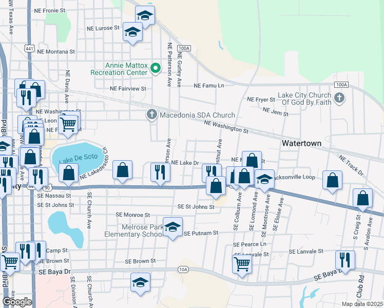 map of restaurants, bars, coffee shops, grocery stores, and more near 264 Northeast Bradley Terrace in Lake City