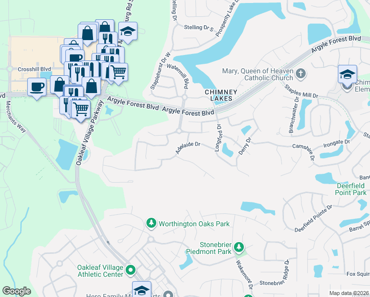 map of restaurants, bars, coffee shops, grocery stores, and more near 9432 Adelaide Drive in Jacksonville