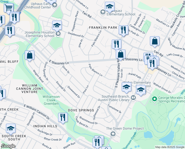 map of restaurants, bars, coffee shops, grocery stores, and more near 5702 Palo Blanco Lane in Austin