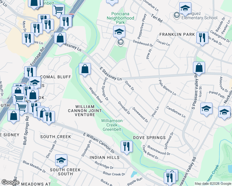 map of restaurants, bars, coffee shops, grocery stores, and more near 2309 Bending Trail in Austin