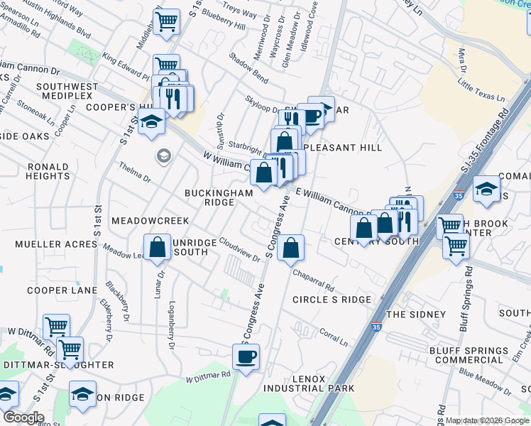 map of restaurants, bars, coffee shops, grocery stores, and more near 6812 South Congress Avenue in Austin