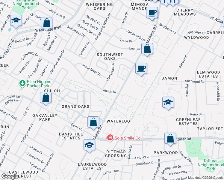 map of restaurants, bars, coffee shops, grocery stores, and more near 8102 Dowling Cove in Austin